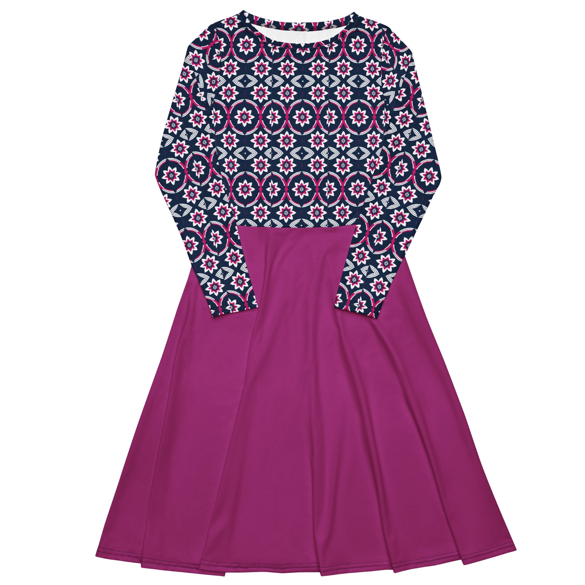 Hot pink top pattern long sleeve midi dress