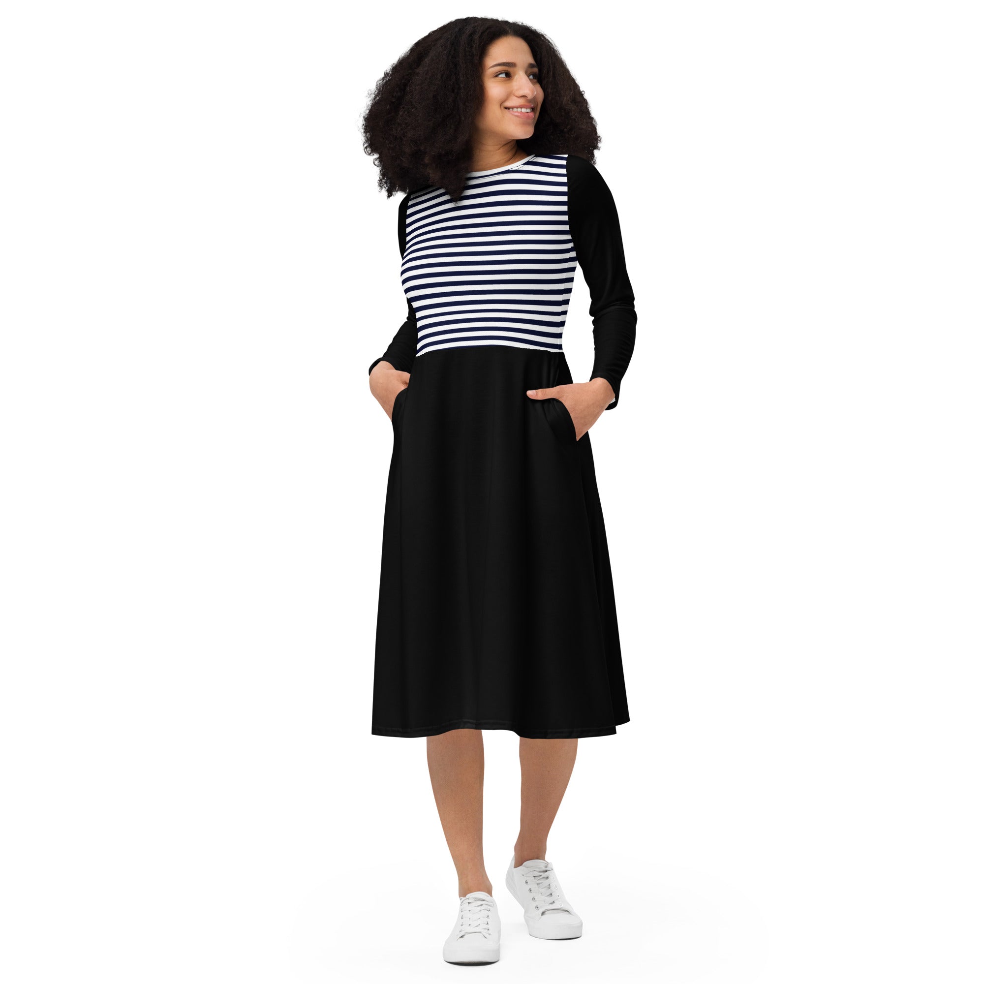 Top stripes long sleeve midi dress