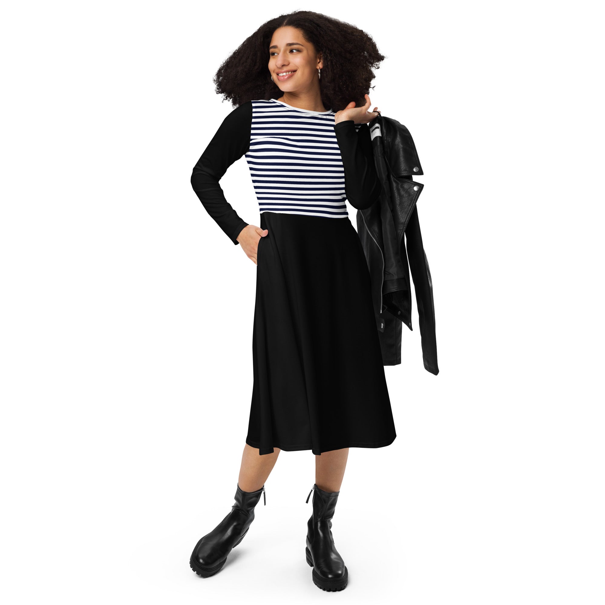 Top stripes long sleeve midi dress