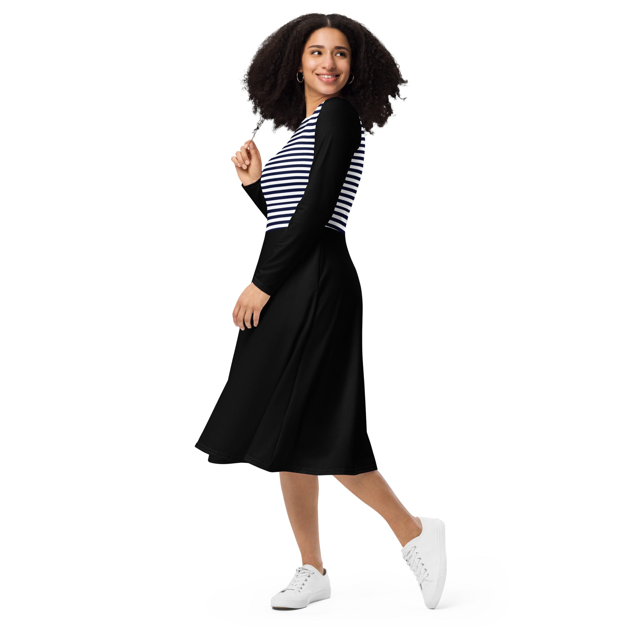 Top stripes long sleeve midi dress