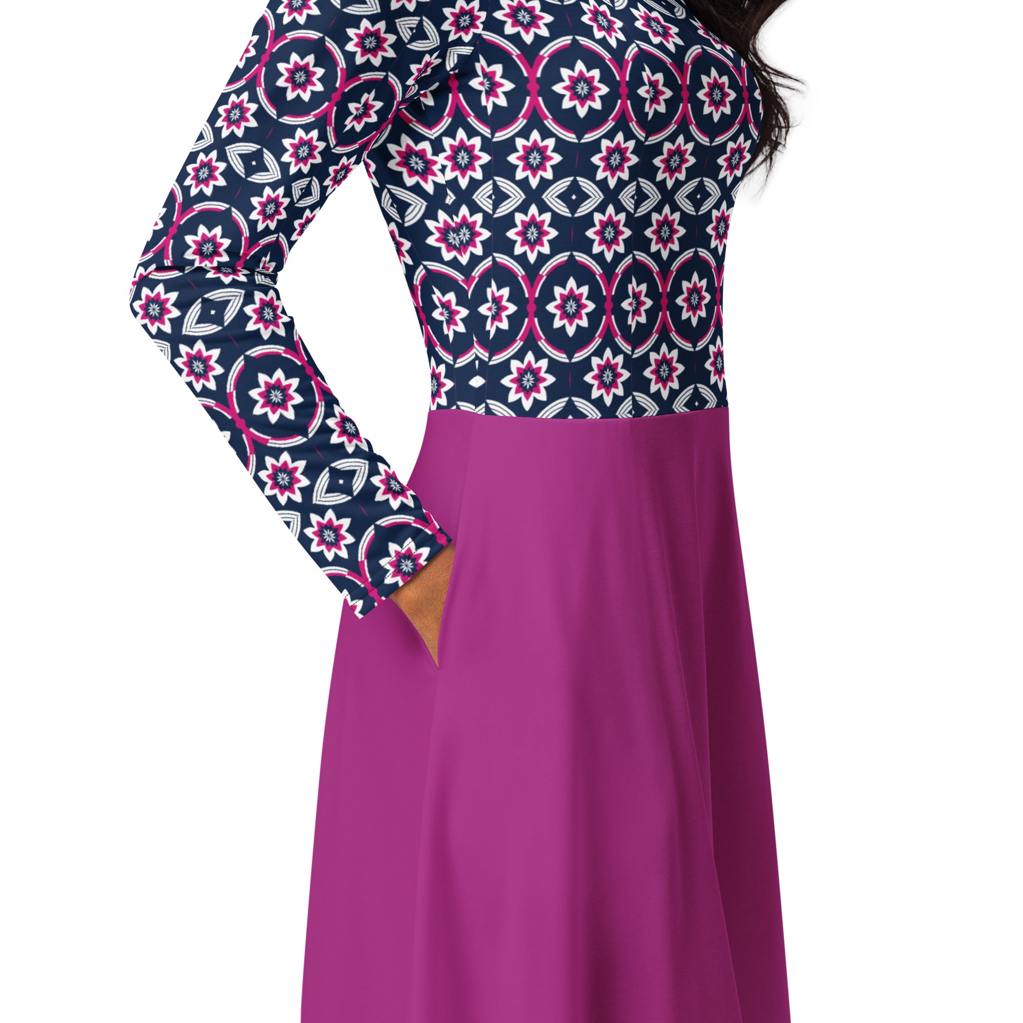 Hot pink top pattern long sleeve midi dress