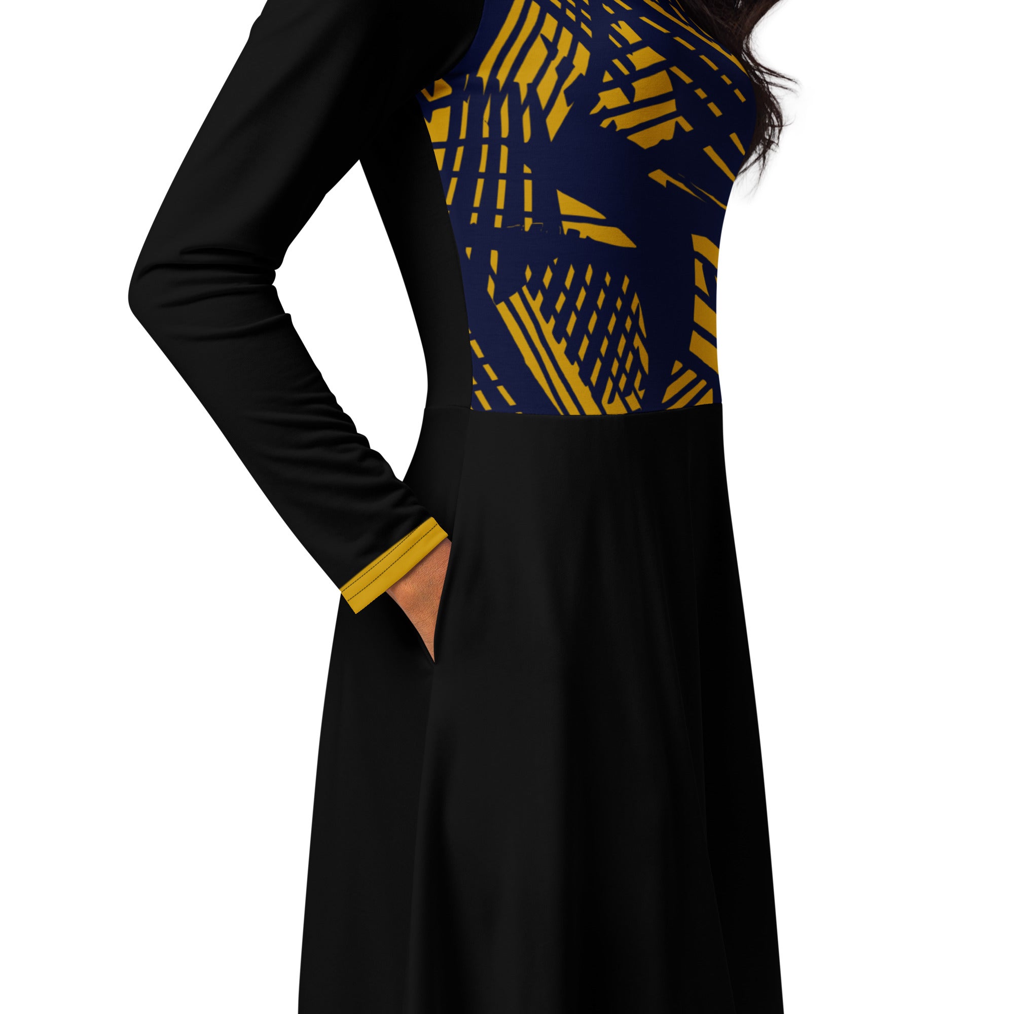 Golden top print long sleeve midi dress