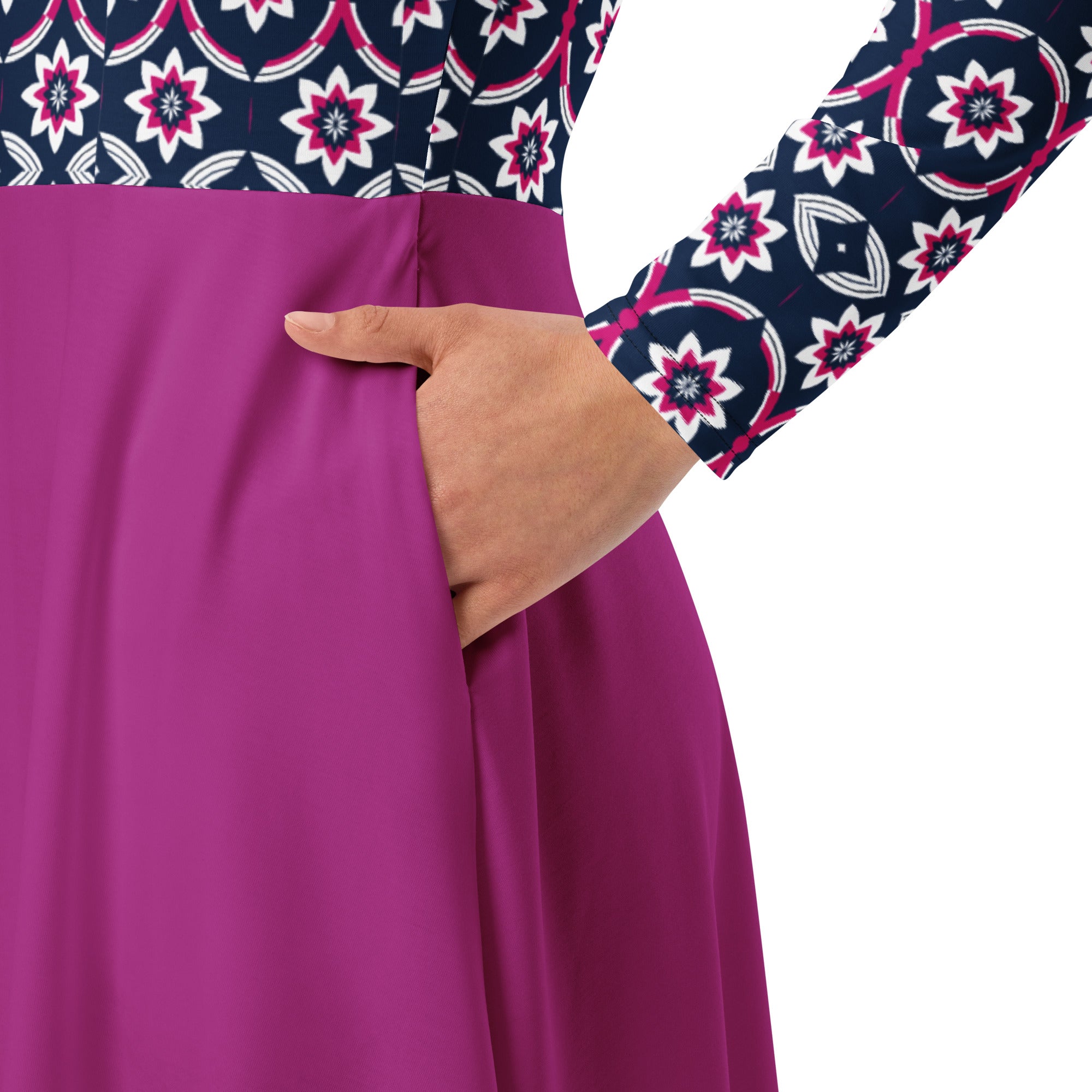 Hot pink top pattern long sleeve midi dress