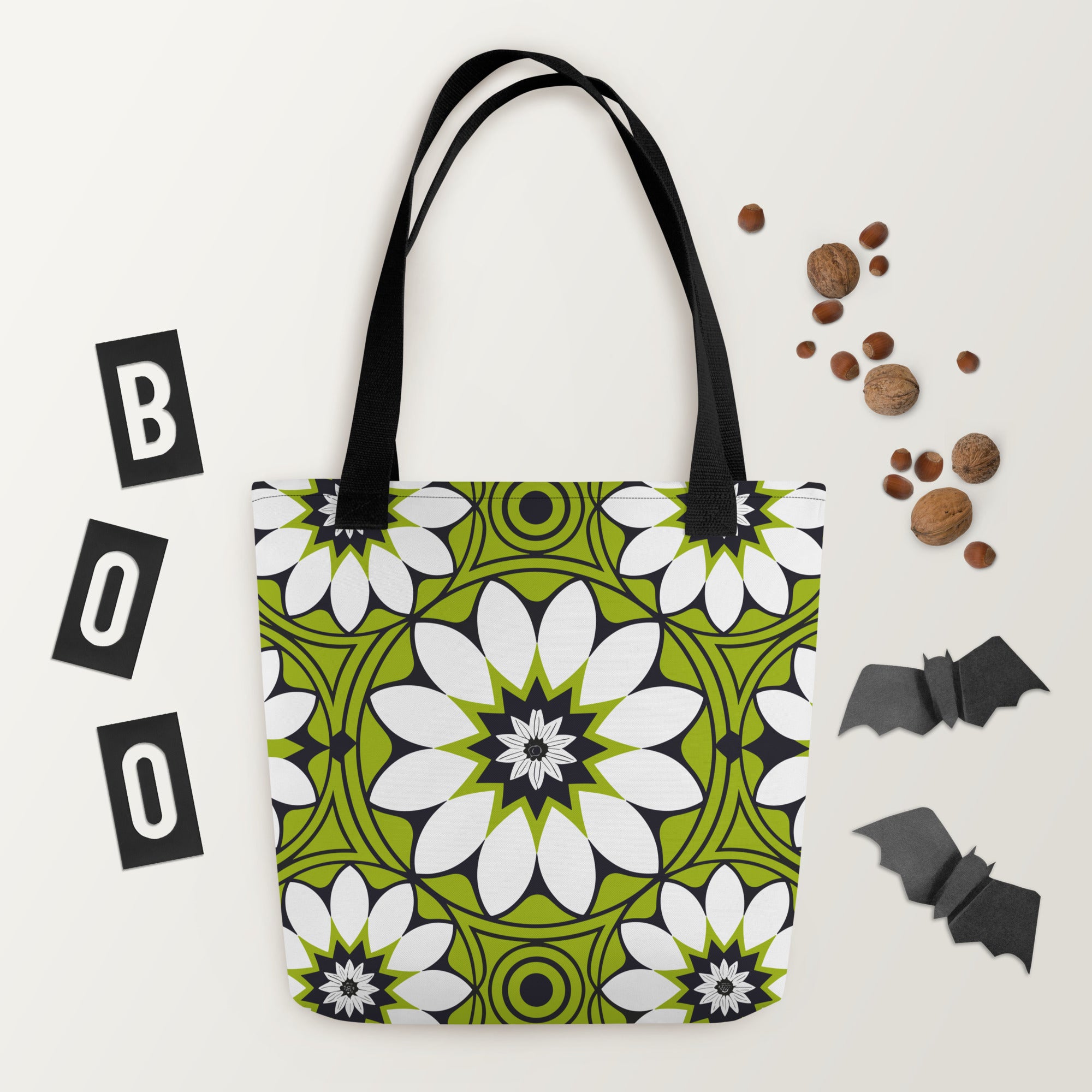 Green &white flower pattern Tote bag