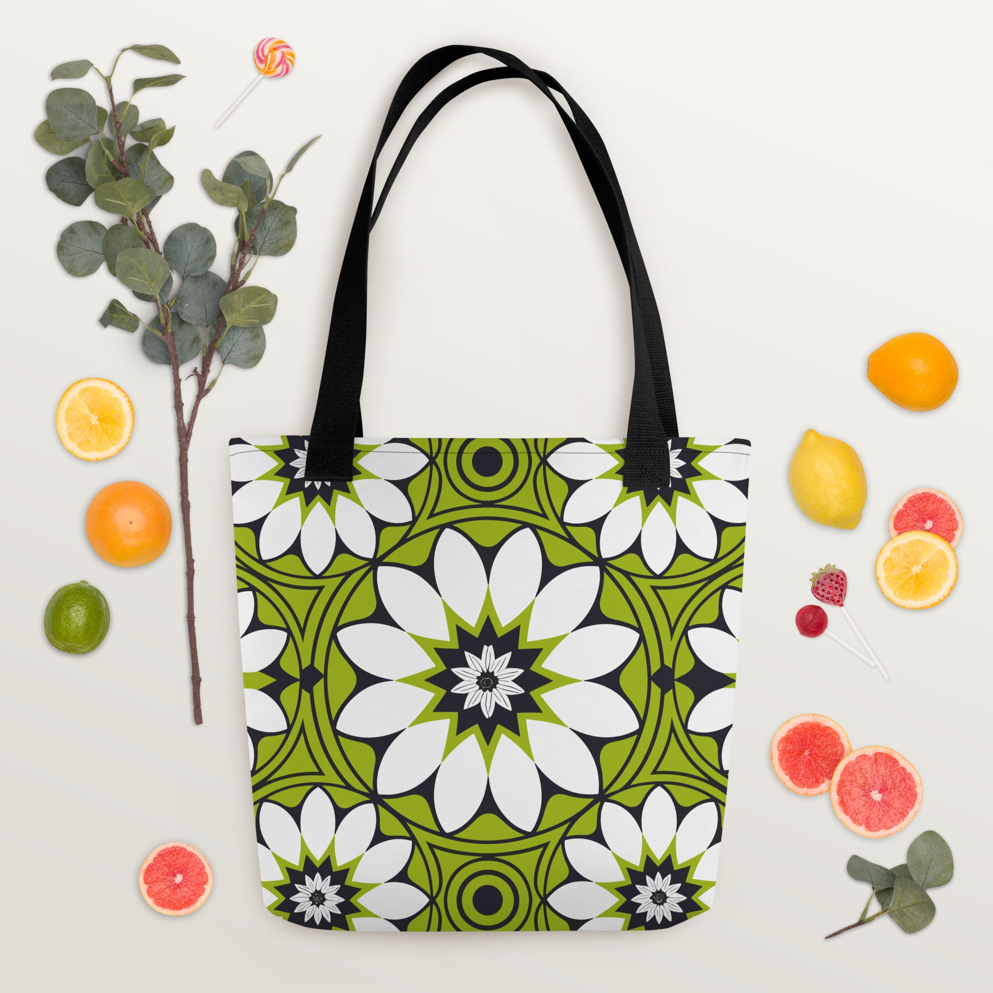 Green &white flower pattern Tote bag