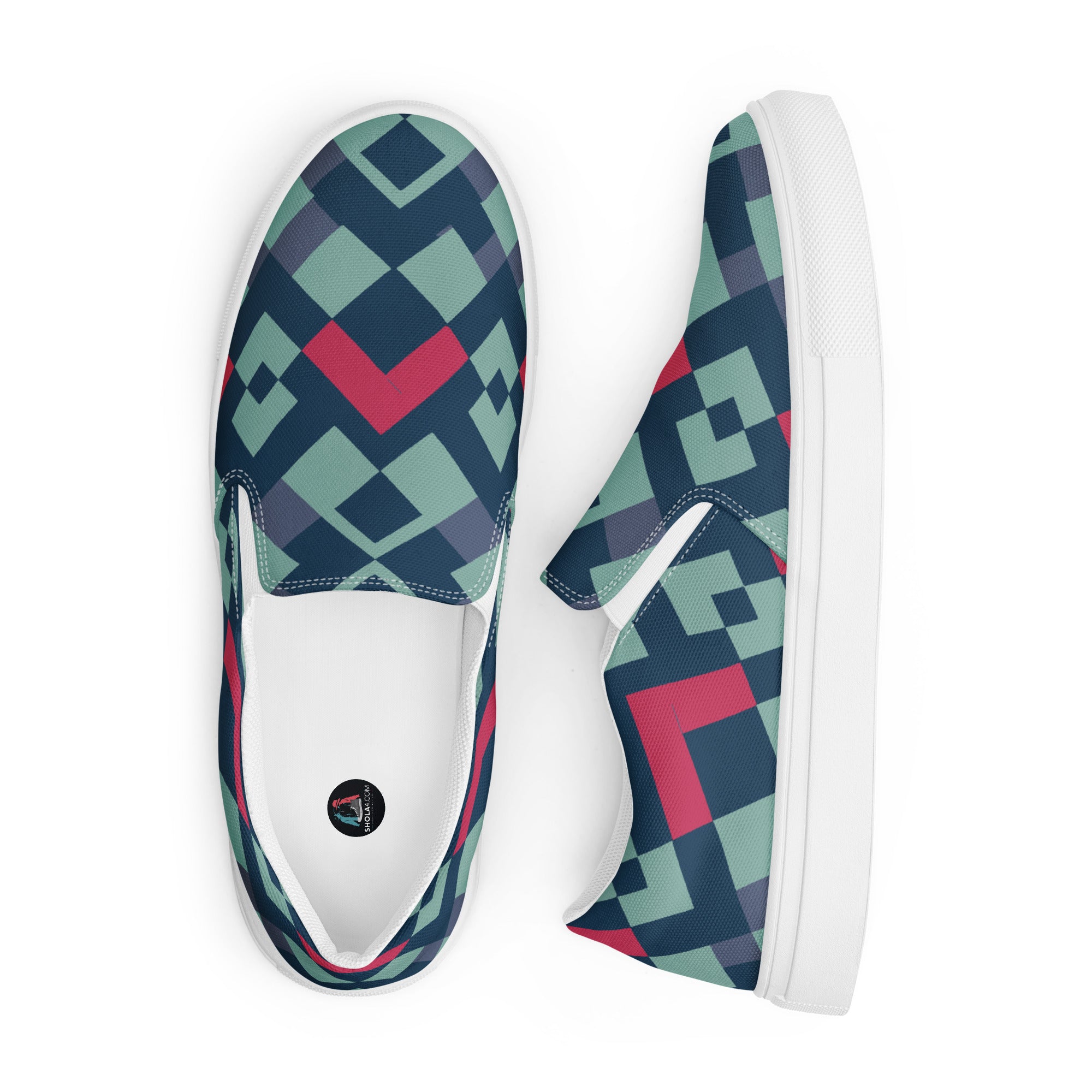 Green red square pattern Men’s slip-on canvas shoes