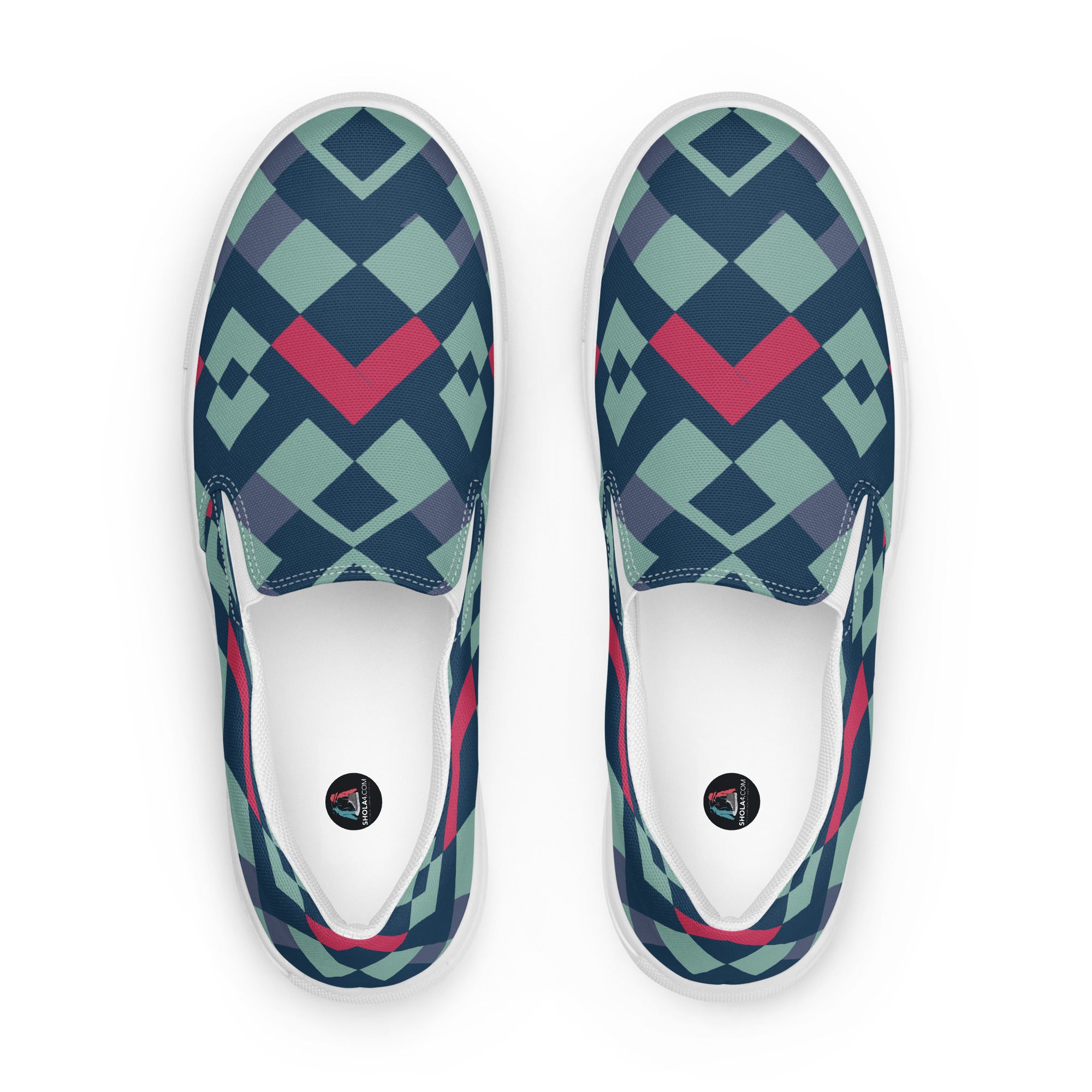 Green red square pattern Men’s slip-on canvas shoes