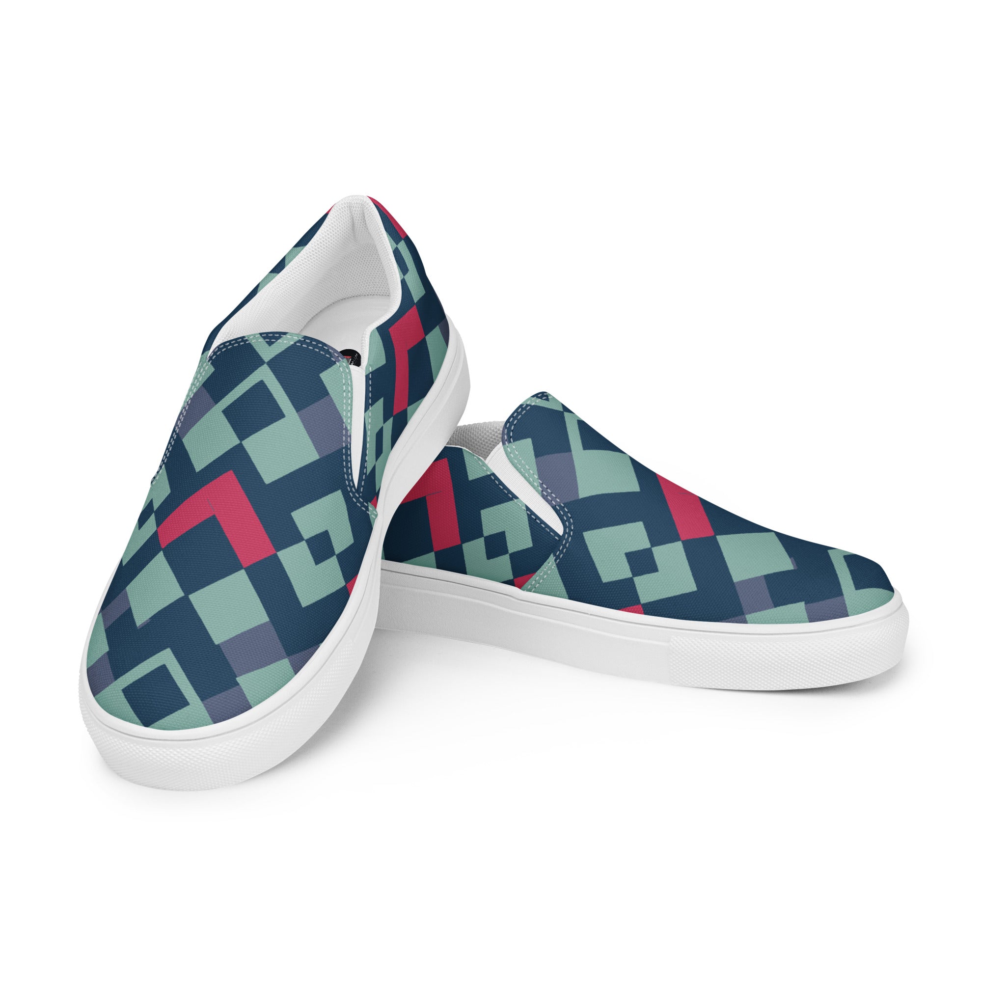 Green red square pattern Men’s slip-on canvas shoes