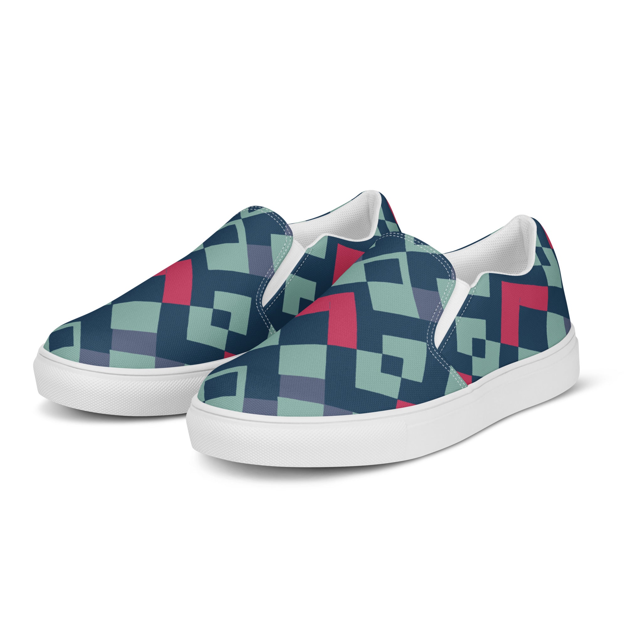 Green red square pattern Men’s slip-on canvas shoes