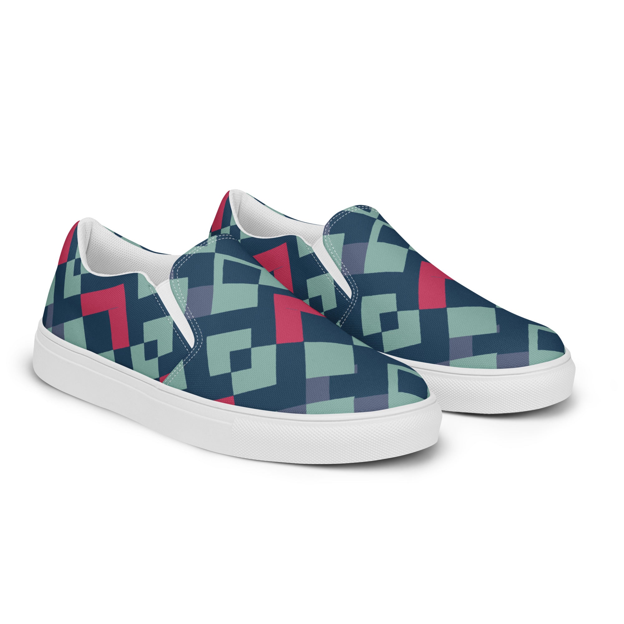 Green red square pattern Men’s slip-on canvas shoes