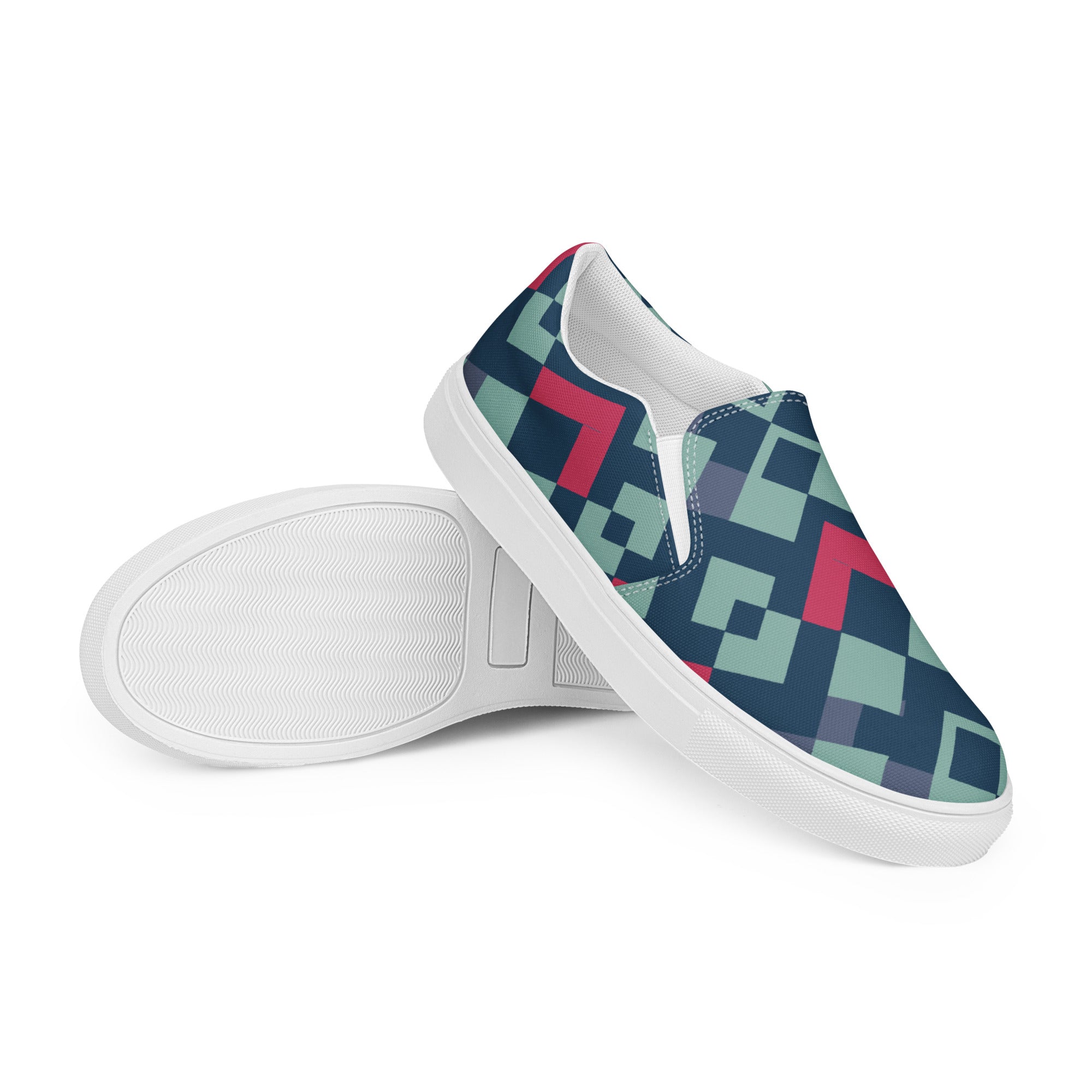 Green red square pattern Men’s slip-on canvas shoes