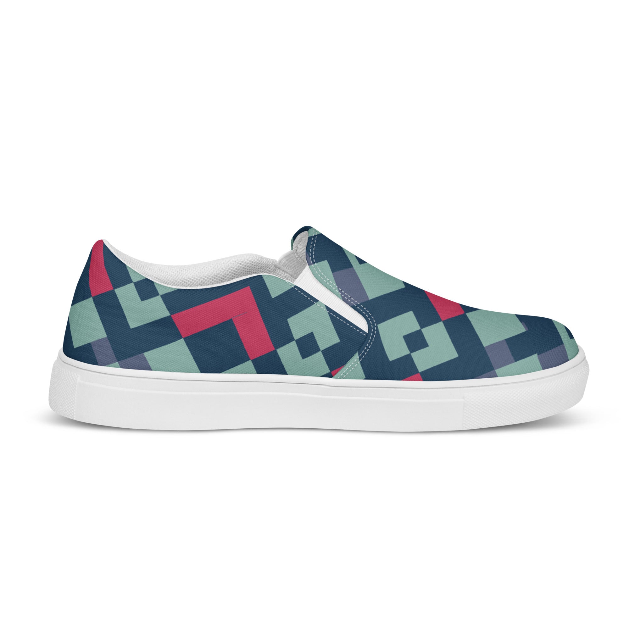 Green red square pattern Men’s slip-on canvas shoes